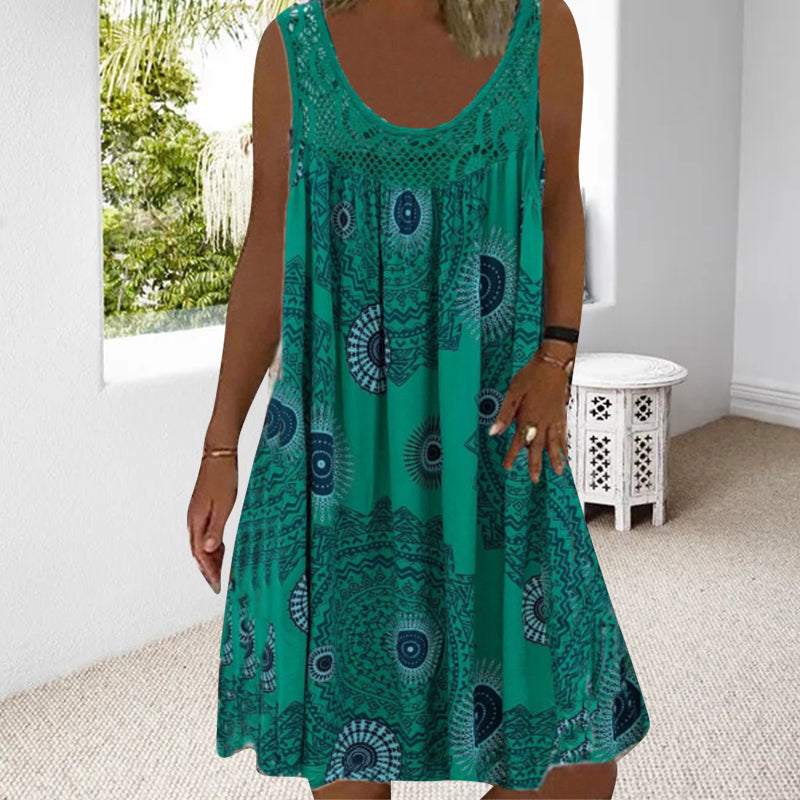 Frauen Sommer O-Ausschnitt ärmelloses Kleid mit Druck